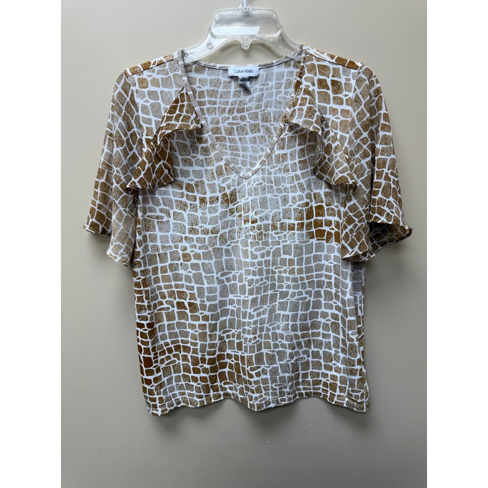 Calvin Klein Womens Brown White Abstract Tile Print Ruffle V-Neck Blouse Size M